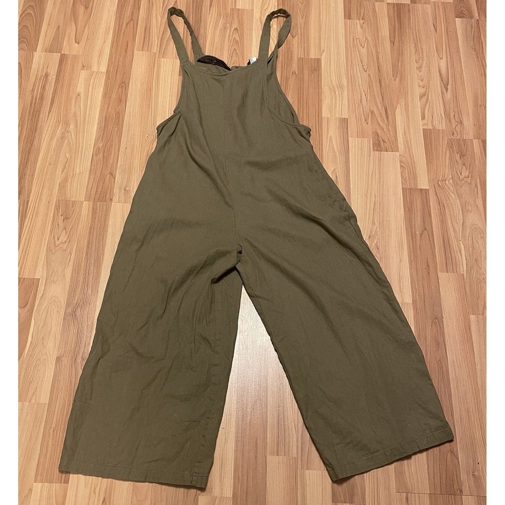 NWOT Forever 21 Olive Green‎ Khaki Flax Linen Sleveless Casual Jumpsuit Size L